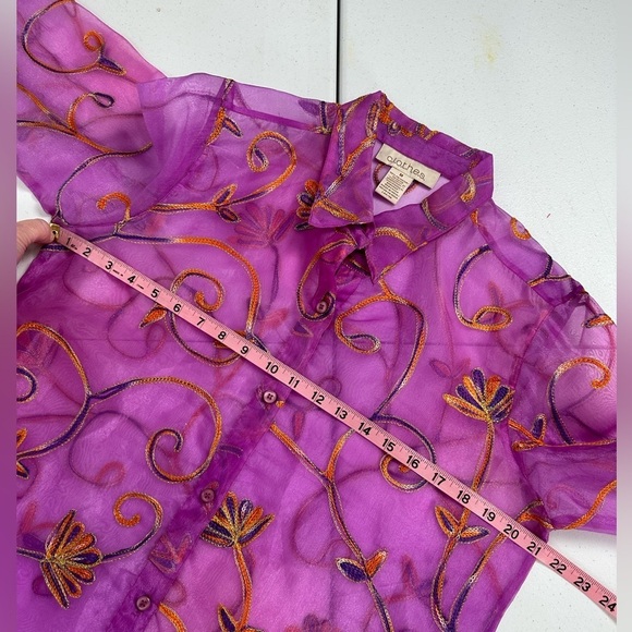 c.l.o.t.h.e.s. Sheer Floral Embroidered Button Front Collared Blouse Purple - Picture 6 of 13